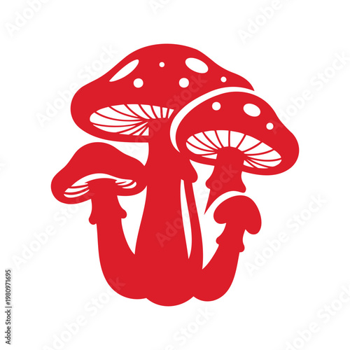 The vector art illustrates three red mushrooms that feature a smooth cap with white spots, and have gills instead of pores.