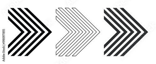 Modern chevron arrow set, three distinct black and white striped direction indicators, contemporary graphic design elements for web and print, progress and navigation vector collection
