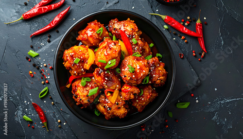 A vibrant overhead shot showcases a bowl of spicy chili chicken, garnished with fresh scallions, sesame seeds, and fiery red chili peppers against a dark textured background.