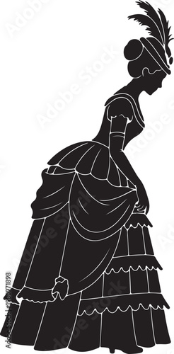 Silhouette of a woman in an elaborate 1800s royal fashion dress, adorned with a feathered hat, showcasing historical elegance.