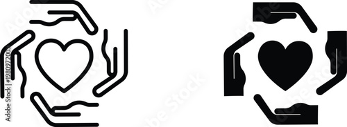 Charity heart icons with hands, community support and care symbols, black linear and solid vector set for non-profit organizations and volunteering