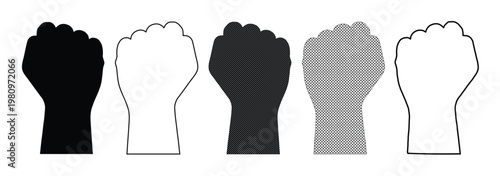 Raised fist vector icon set, powerful protest symbol, solidarity and resistance graphic, diverse hand gesture illustration for social justice and activism campaigns