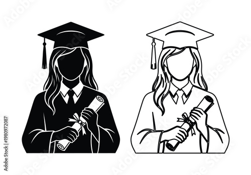 Graduation cap and gown vector illustration, female graduate holding diploma, academic achievement and success icon, higher education milestone graphic resource