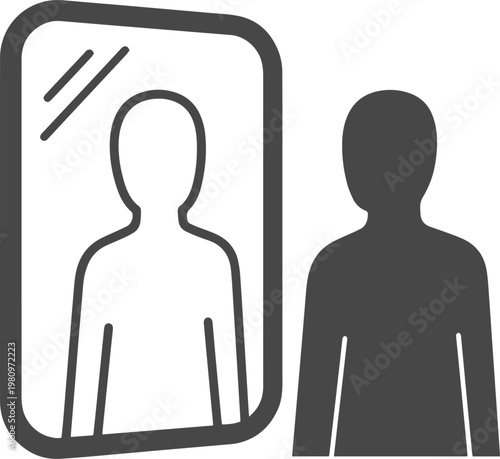 Self-reflection vector icon, a person looking at their silhouette in a mirror, introspection and identity concept, black and white graphic resource for psychology and personal growth.