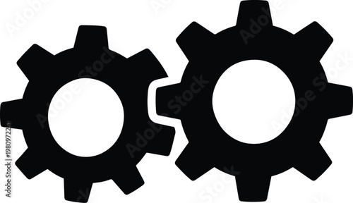 Interlocking black gear vector icon, two cogwheels working together, industrial machinery symbol, mechanical engineering element for business and technology concepts