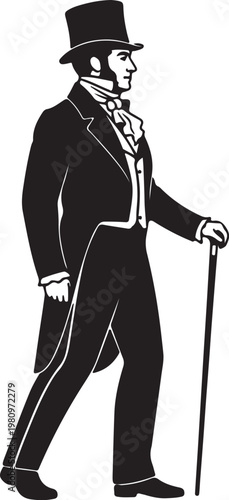 Elegant 19th-century gentleman in a top hat, tailcoat, and cravat, holding a walking stick, embodying classic historical fashion.