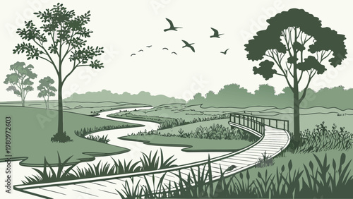 Landscape architecture and urban park collection, scenic views of gardens, riverside promenades, and city green spaces, vector