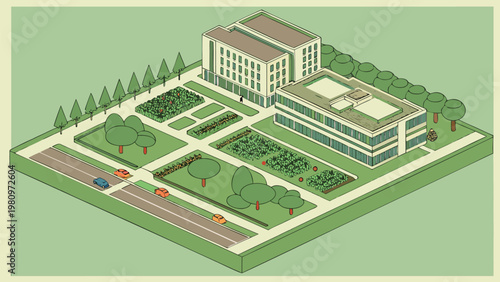 Landscape architecture and urban park collection, scenic views of gardens, riverside promenades, and city green spaces, vector