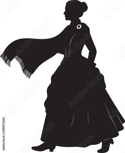 Silhouette of a woman in an elegant 1800s Scottish fashion dress with a draped shawl and ruffled skirt details.