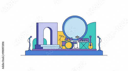 Drum set on stage with microphones.