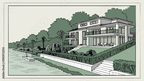 Landscape architecture and urban park collection, scenic views of gardens, riverside promenades, and city green spaces, vector