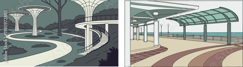 Landscape architecture and urban park collection, scenic views of gardens, riverside promenades, and city green spaces, vector