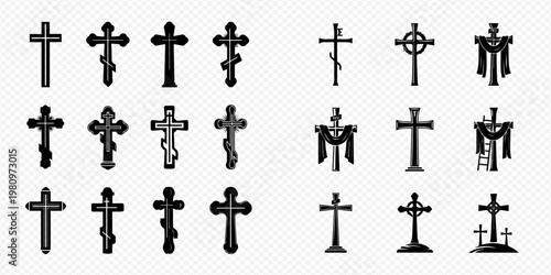 Set of various religious crosses, including Christian and Orthodox designs, on a transparent background.
