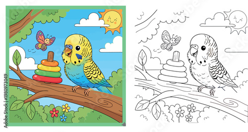 Cute Budgie Bird with Stacking Toy and Butterfly on a Branch Under Sunny Sky