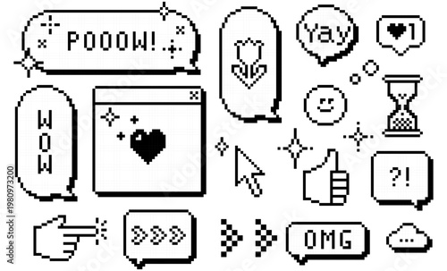 Y2k pixel retro dialogue box set. 8 bit game style nostalgic 90s black vector elements. Speech bubbles, phrases Pow, Yay, chat boxes, forefinger pointing icon, arrows, smile face on white background