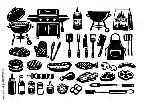 Set of barbecue and grilling icons and symbols showcasing well-known food items, cooking tools, and accessories