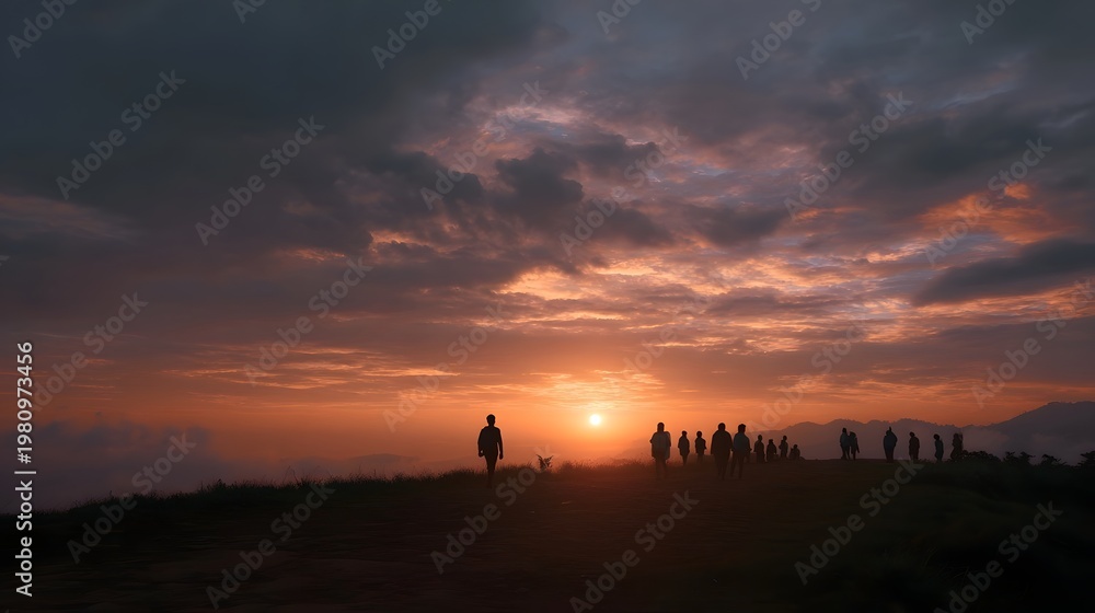Fototapeta premium Silhouettes of people gather on a hilltop to witness a breathtaking colorful sunset sky