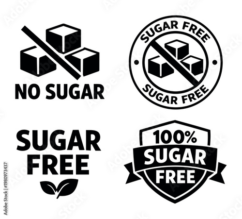 Labels and badges denoting sugar free and no sugar claims, promoting healthy eating and low sugar diets