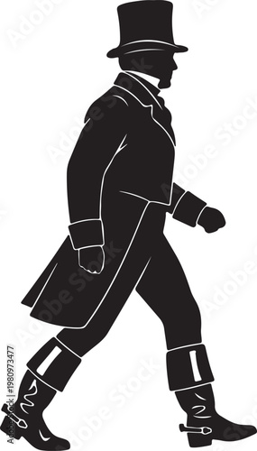A black and white silhouette of a man in 1800s fashion, featuring a top hat, long coat, and dress boots with spurs, walking sideways.