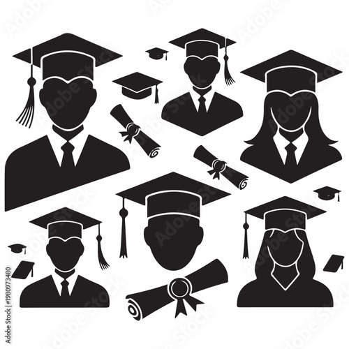 Graduation icons set with graduate silhouette and academic symbols vector 