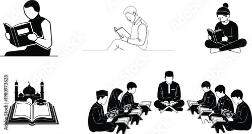 Black and white silhouettes of religious figures studying and praying with architectural elements