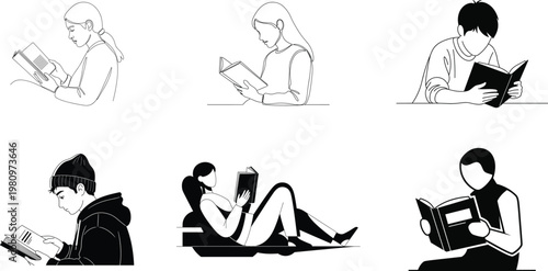 Six monochrome sketches depict individuals engrossed in reading books showcasing diverse poses and contemplative moods in a minimalist style