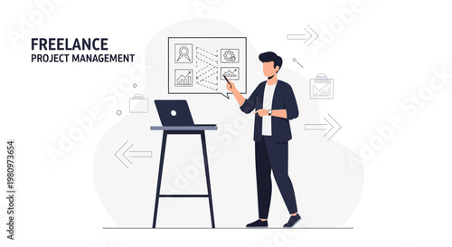 Freelance Project Management: Man Presenting Strategy on Whiteboard with Laptop