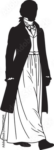 Black and white silhouette of a person in 1800s fashion, featuring a long coat, cravat, and a flowing dress, evoking early 19th-century style.