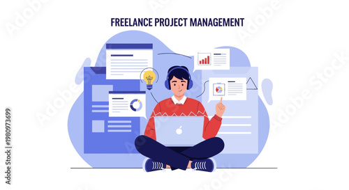 Freelance Project Management: Man with Laptop and Headphones Working Remotely