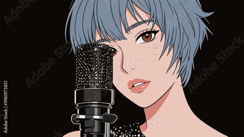 Anime Girl with Microphone Singing Illustration