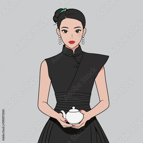 Illustrated Woman in Traditional Fashion Holding Teapot