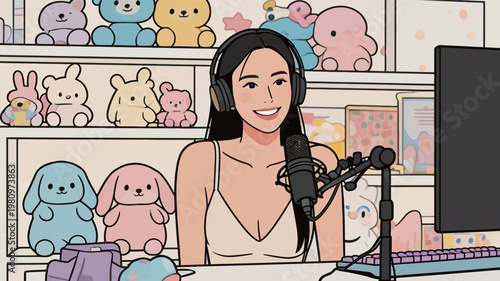 Woman in headphones streaming with plush toys background
