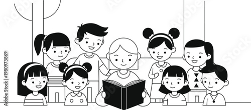 A group of diverse children are gathered closely around a woman reading an open book fostering a love for learning