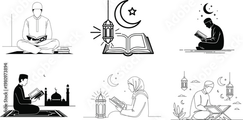 Ramadan observances a collection of sketches depicting islamic prayer fasting and spiritual reflection during the holy month