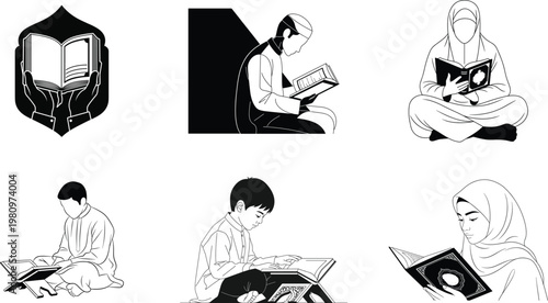 Islamic calligraphy and figures a collection of black and white illustrations depicting religious study and tradition