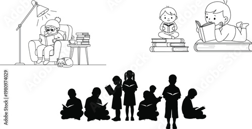 Black and white sketches depict architectural structures religious figures and a group of people in silhouette