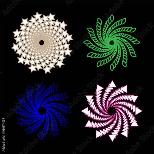 Abstract spiral shapes. Star triangle rope Vector. Colorful rotating elements. Dark black background.