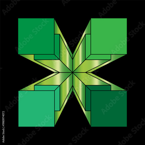 Isometric green X-cross. 3D geometric symbol. Abstract block shape. Emerald gradient element.