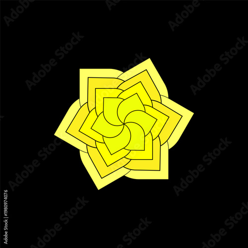 Abstract star flower. Yellow rotating vector shape. Dark black background. Glowing geometric element.