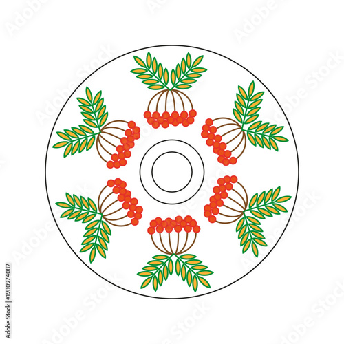 Compact disc decoration. Rowan berry Vector ornament. Circular autumn pattern. Media storage symbol.