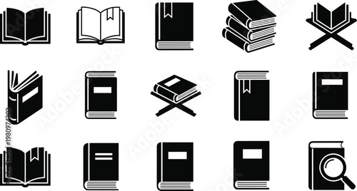 A collection of monochrome book icons in various orientations and stacks representing knowledge and literature