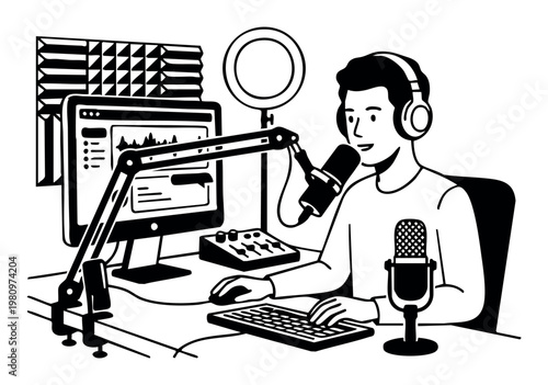 Content creator wearing headphones, seated at a desk, using high-quality equipment to record an audio podcast