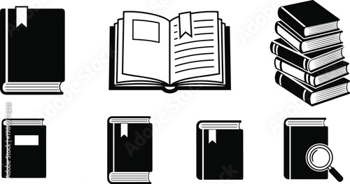 Vintage book collection a black and white illustration of stacked and open books with reading accessories