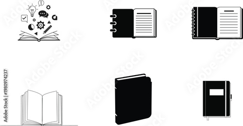 Black and white illustration of various book arrangements and spine designs on a white background