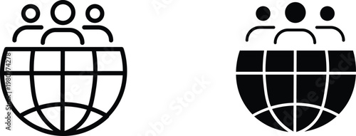 Global community icon set, world population and international team symbols, black line and solid vector graphics for business networking