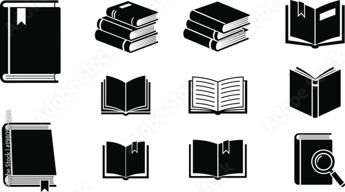 Isometric black and white book icons set a collection of open and closed books in various arrangements