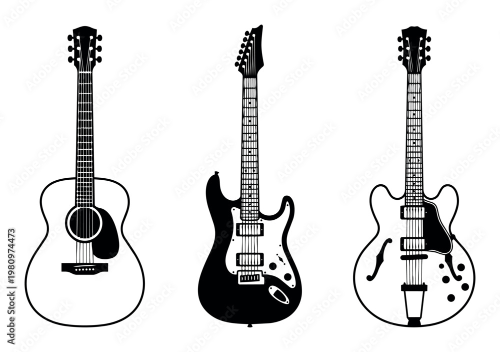 Obraz premium Displaying a collection of musical instruments including an acoustic guitar, electric guitar, and a hollow body guitar