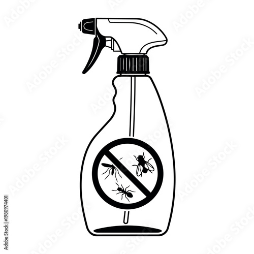 Spray bottle containing insecticide or pesticide, showing a crossed-out mosquito, fly, and ant, symbolizing insect control