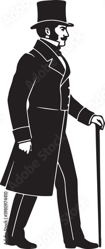 Silhouette of a man in 1800s German fashion, featuring a top hat, long coat, and a walking stick, depicted in profile.