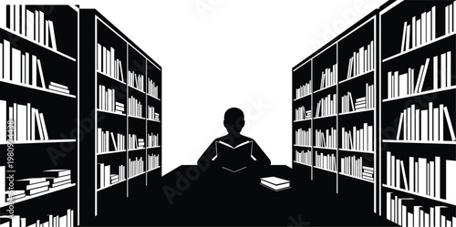 A solitary figure sits reading in a vast monochrome library surrounded by towering bookshelves filled with knowledge and stories